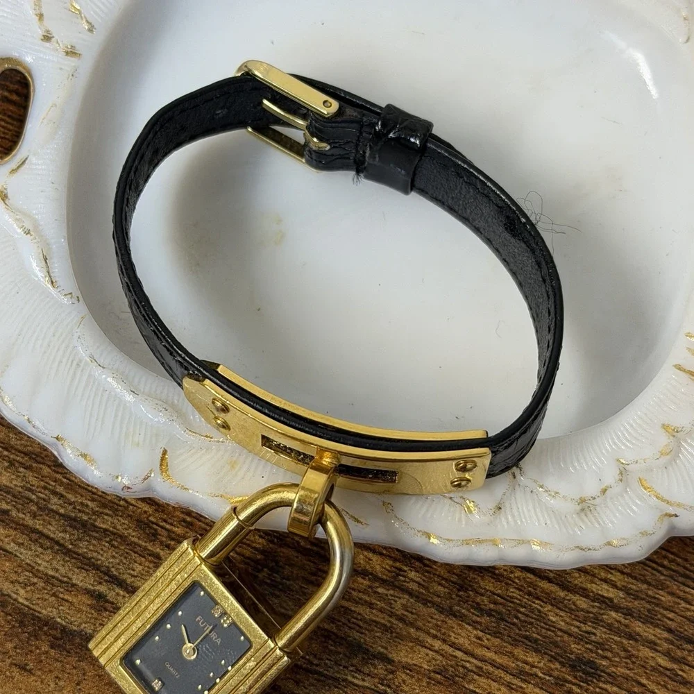 Vintage 80s FUTURA Gold Tone Crystal Padlock Bracelet Watch Black Strap Untested